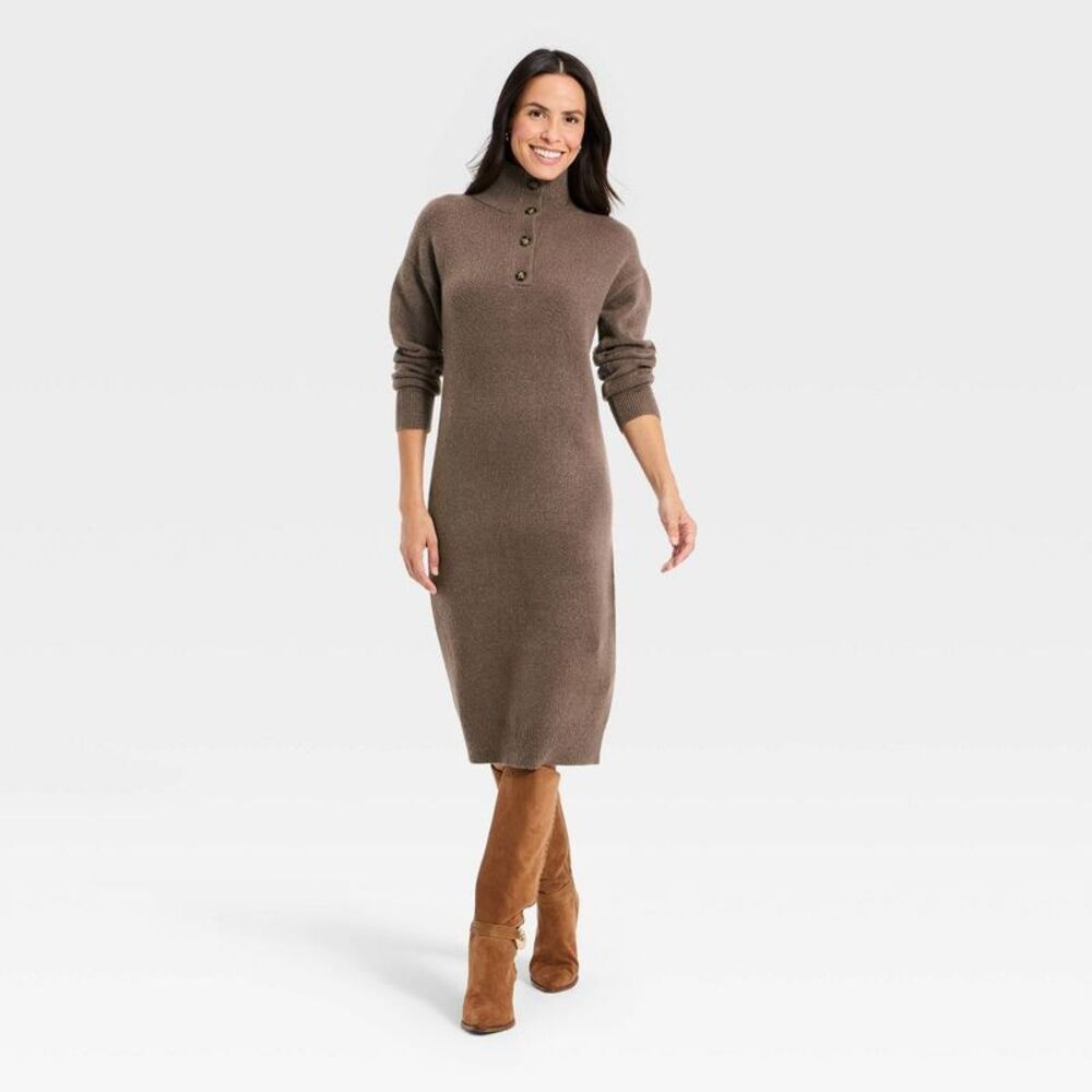 Women's Long Sleeve Midi Sweater Dress - Universal Thread Brown S